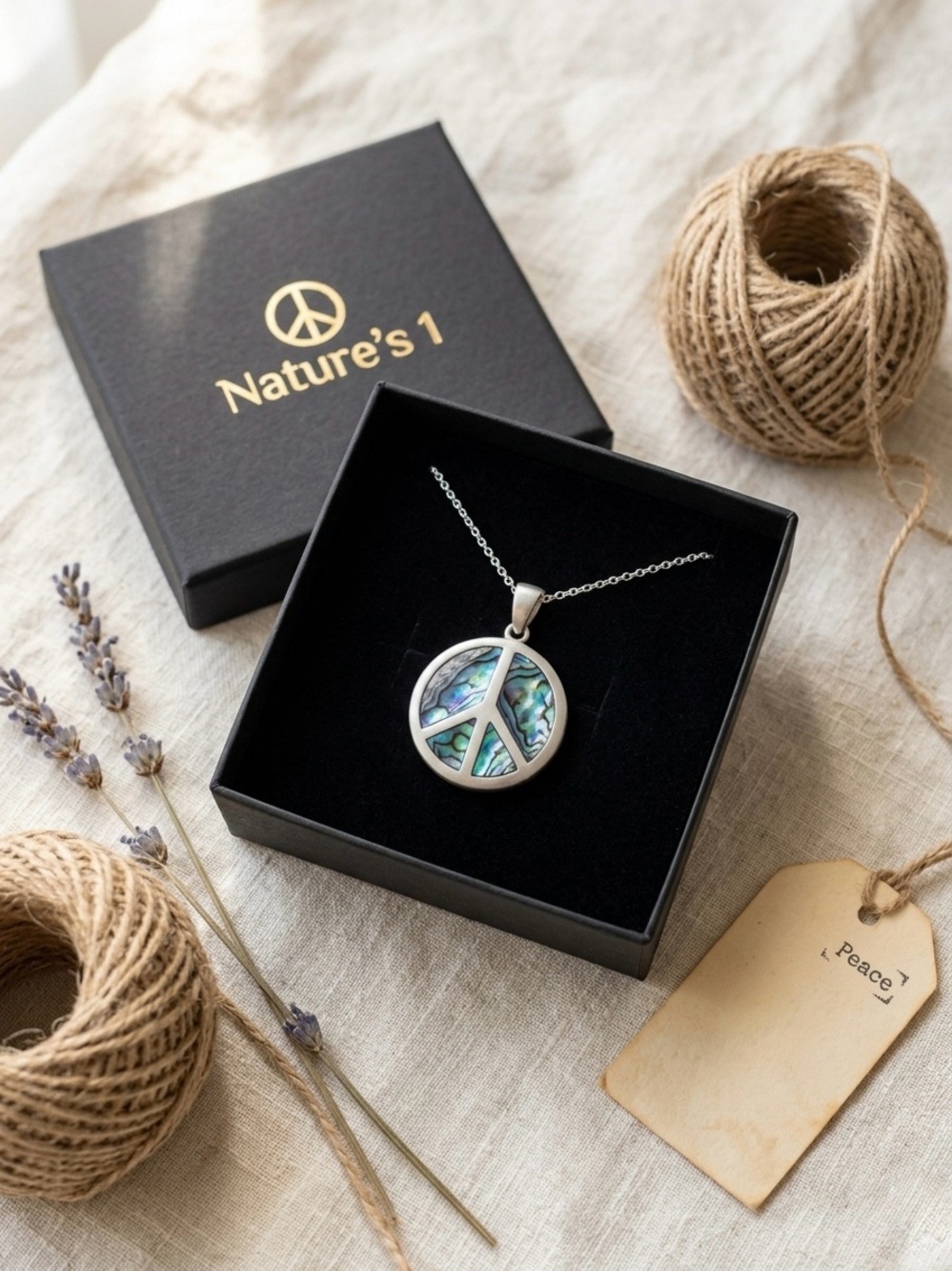 Nature's 1 Paua Abalone Peace Sign Pendant Necklace WMP105 New Card + Gift Box